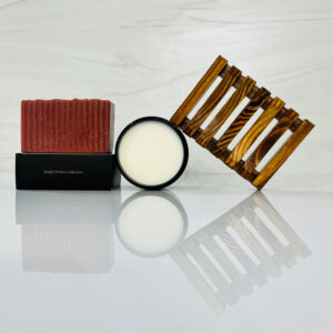 Red Allura handcrafted soap with Bamboo soap rack and Allura Body Butter.